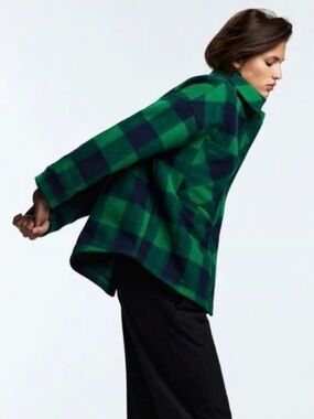 M/L Green & Navy Plaid Button-Up Shacket WOOL